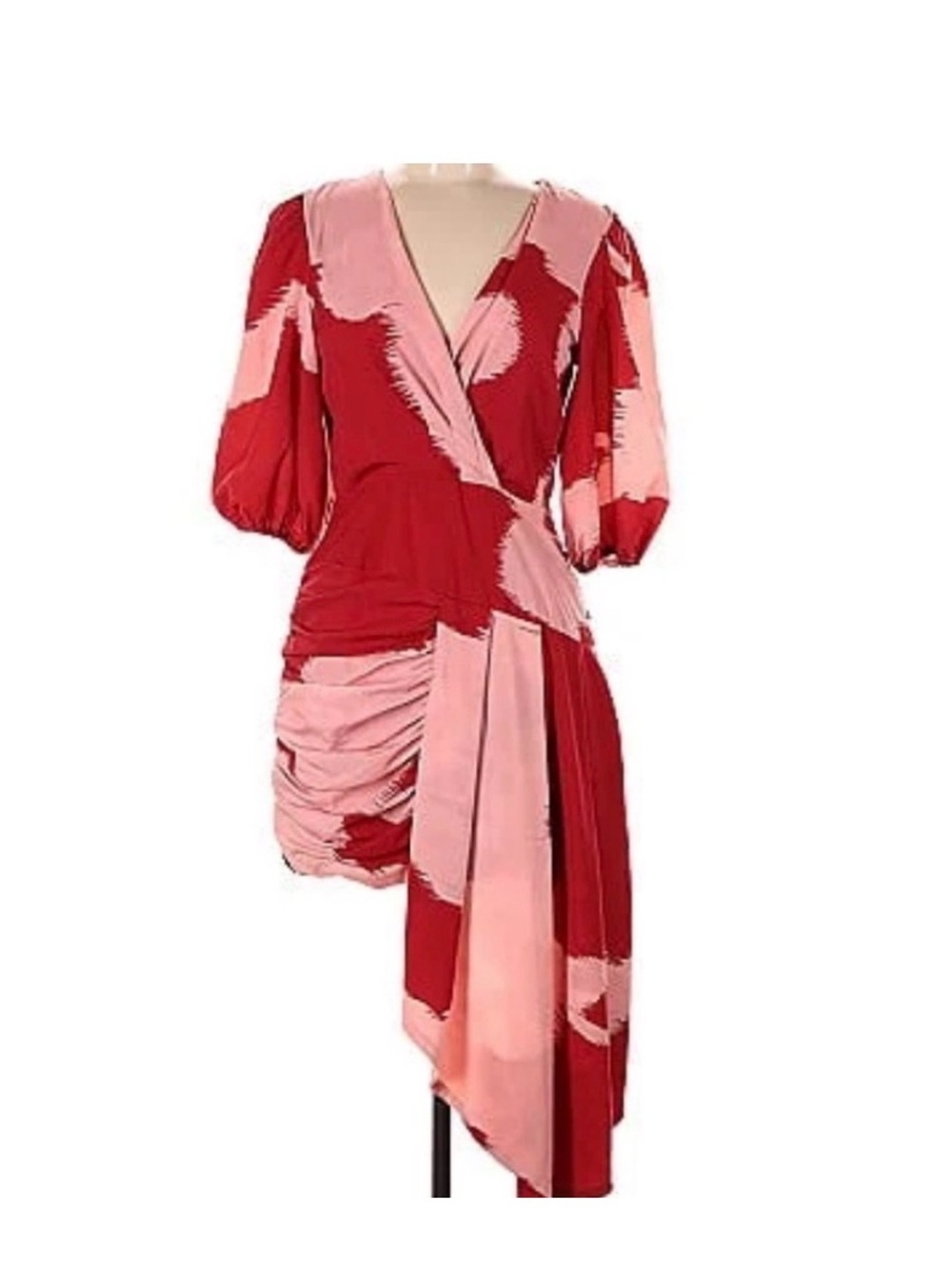 HUTCH Red & Pink Wrap Midi Dress with Puff Sleeves